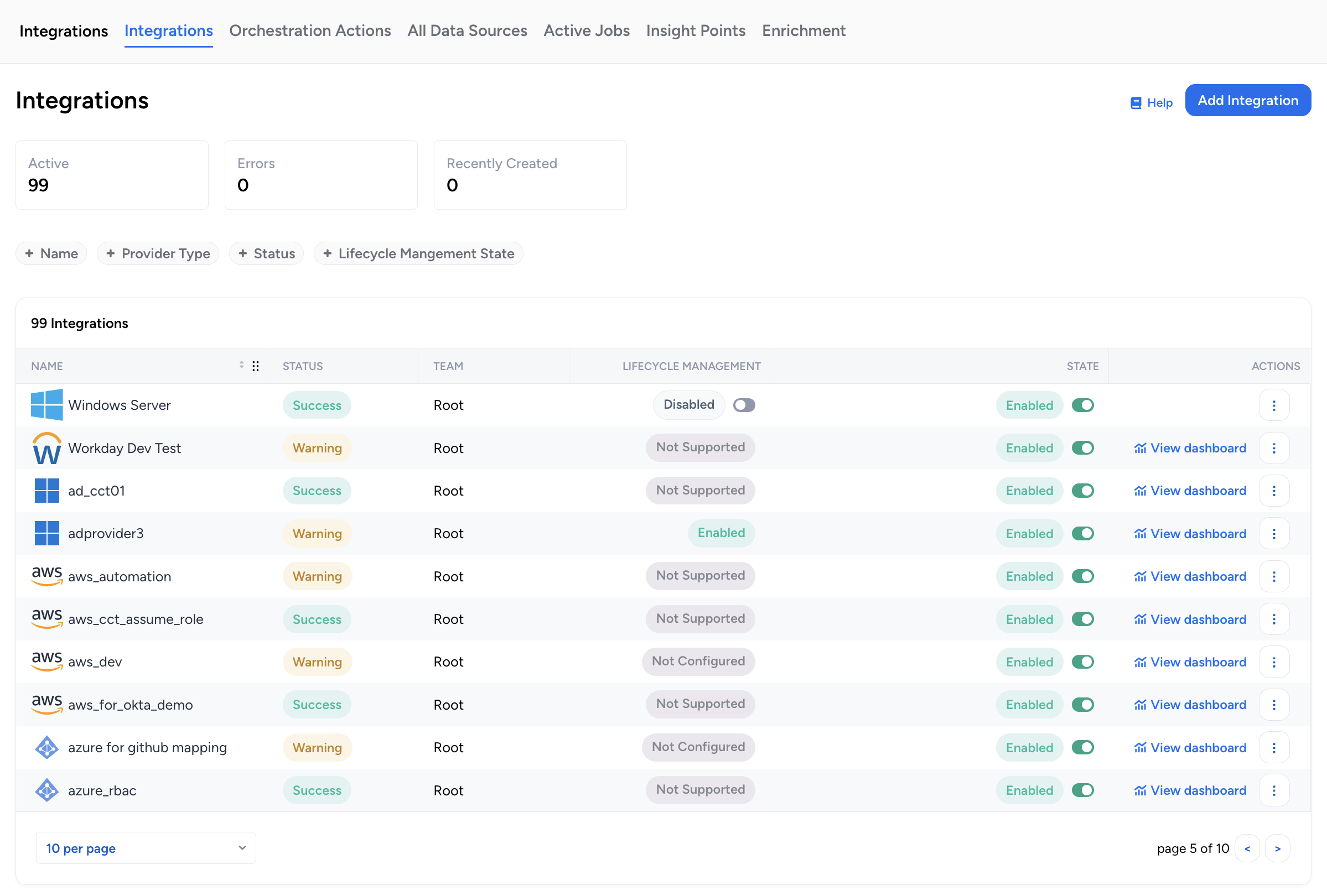 Use updated actions and filters to manage data sources on the Integrations page.