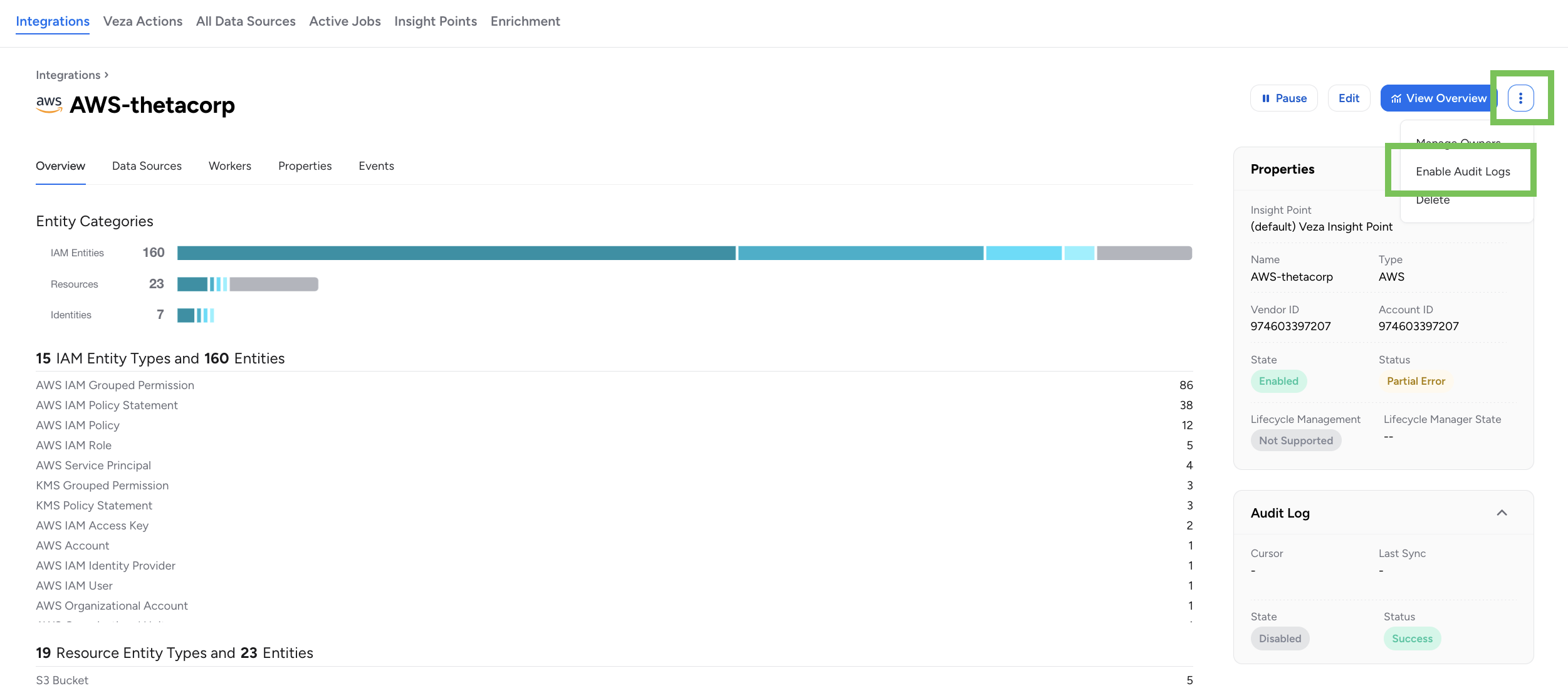 Enabling audit logs for an AWS integration