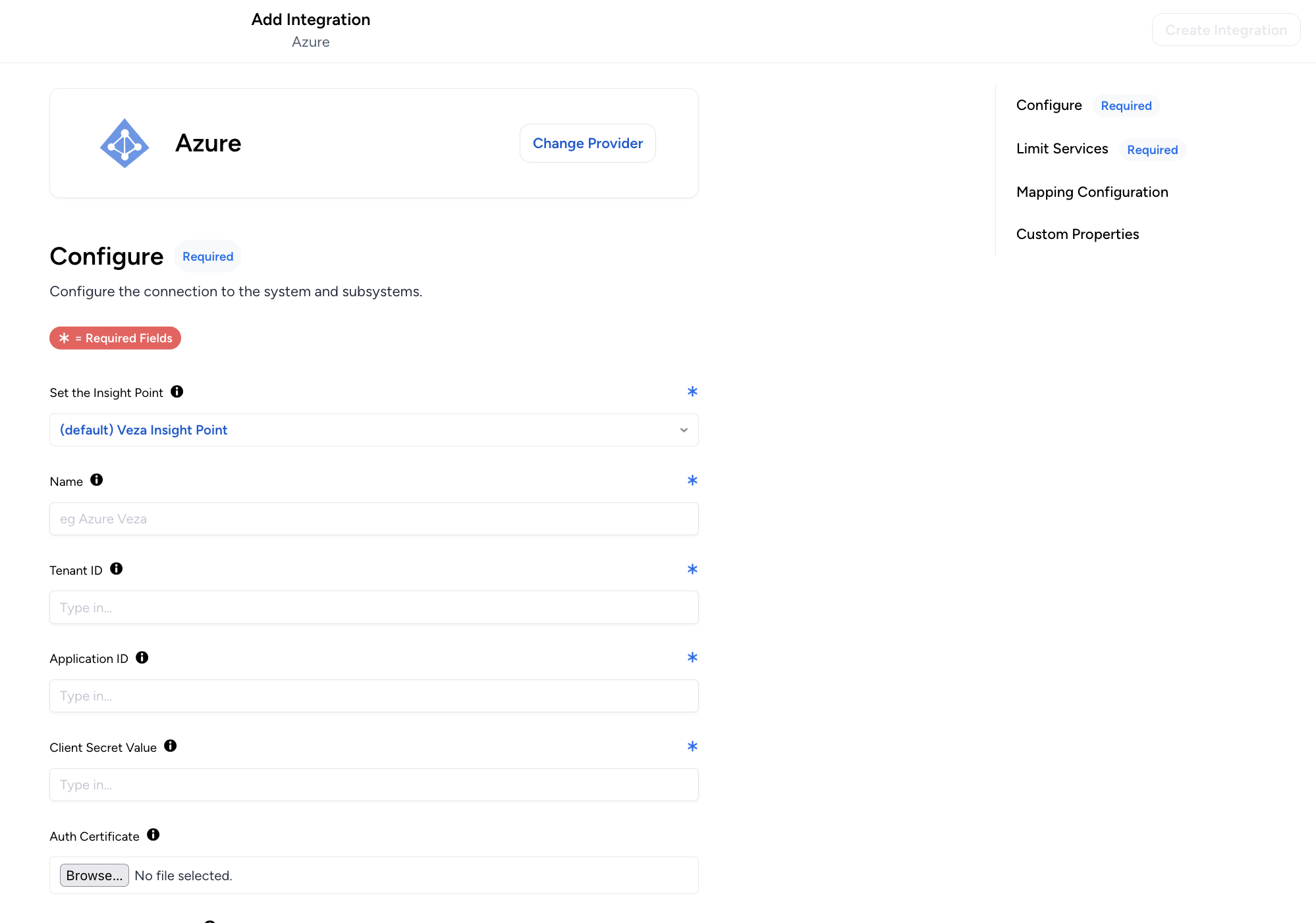 Configuring Azure on the new integration configuration page.